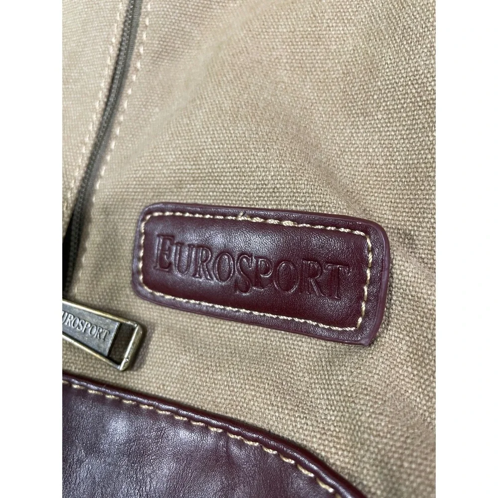 Eurosport Canvas‎ Sling Backpack Tan Brown Faux Leather Zip Vintage Travel